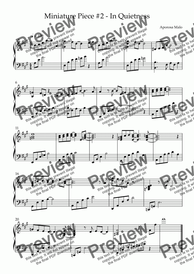 Preview music sheet of miniature, piano piece called In Quietness